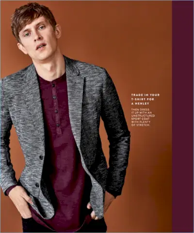 Nordstrom kot alternativo majici predlaga Good Man Brand henley 98 $. Mathias Lauridsen nosi tudi vintage pleten blazer z ribjo kostjo Good Man Brand 298 $ in Levi