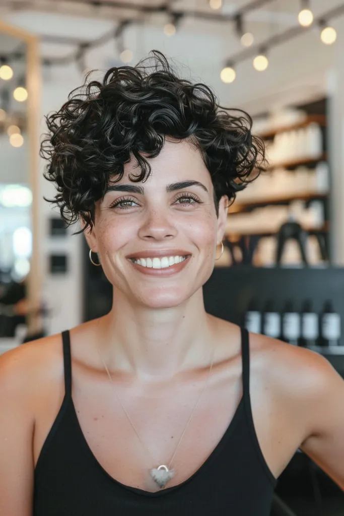 Mulher com corte de cabelo curto e encaracolado sorrindo em um salão de beleza' title=