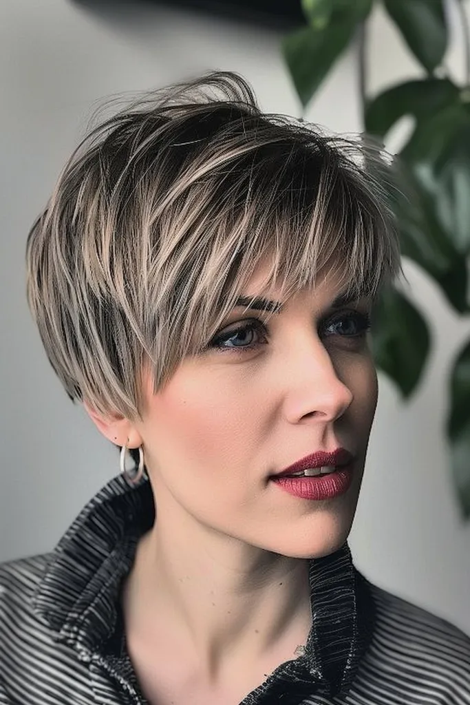Corte de cabelo pixie curto e grosso com mechas balayage' title=