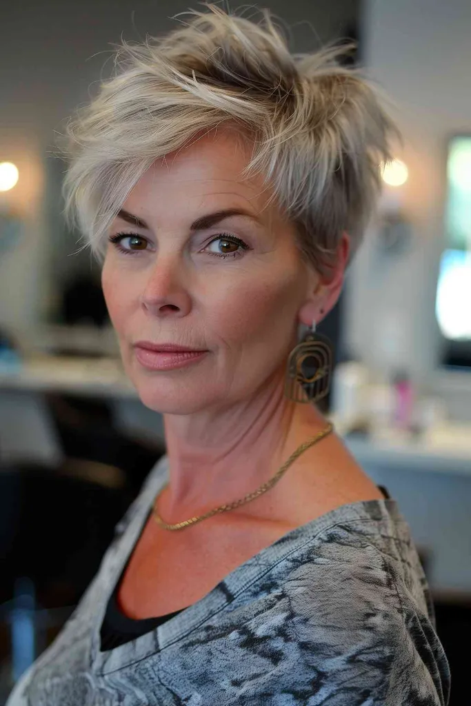 애쉬-금발-짧은 질감의 픽시-성숙한 여성.' title=