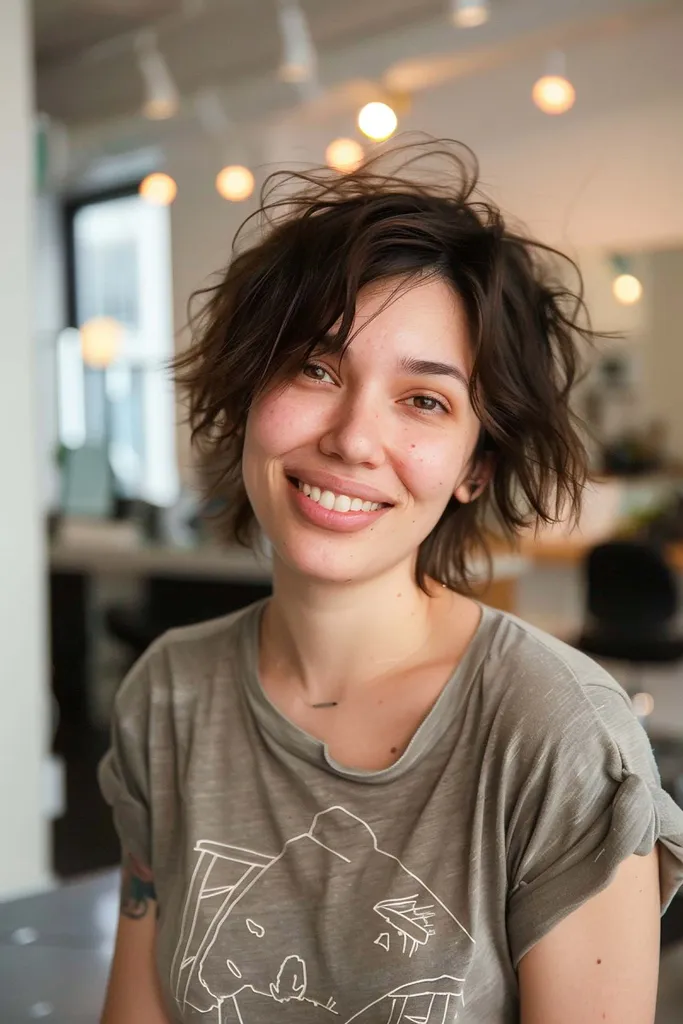 אישה עם תסרוקת גלית וגועשת וצידי פוני' title=