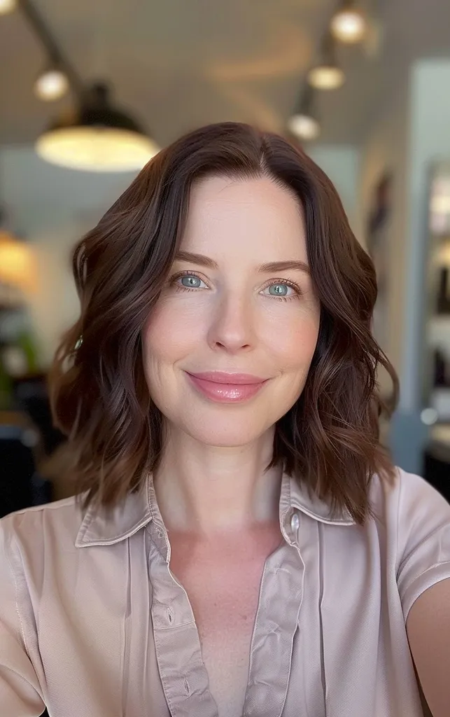 שיער קצר בצבע חום כהה עם שכבות' title=