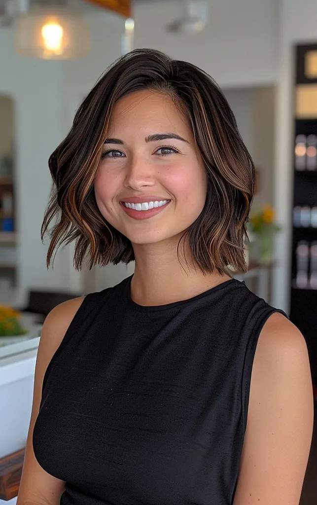 שיער חום כהה קצר עם בלאג'' title=