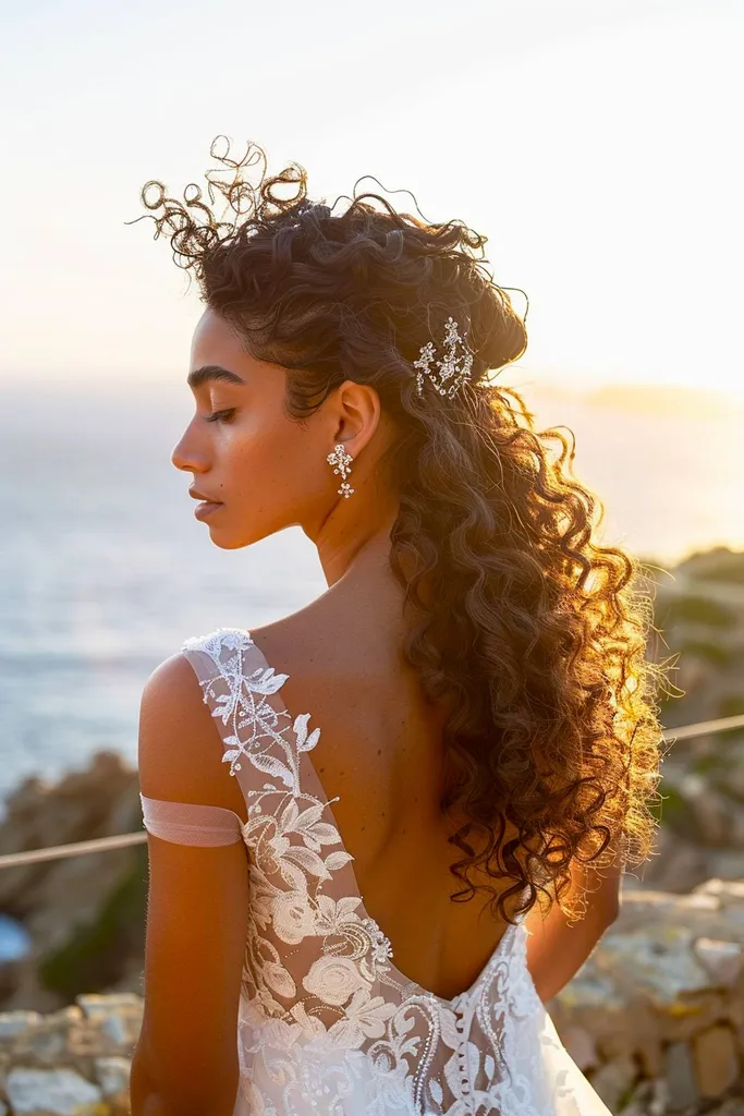 자연스러운 곱슬머리 신부 들러리 헤어스타일을 위한 컬캐스케이드 헤어' title=