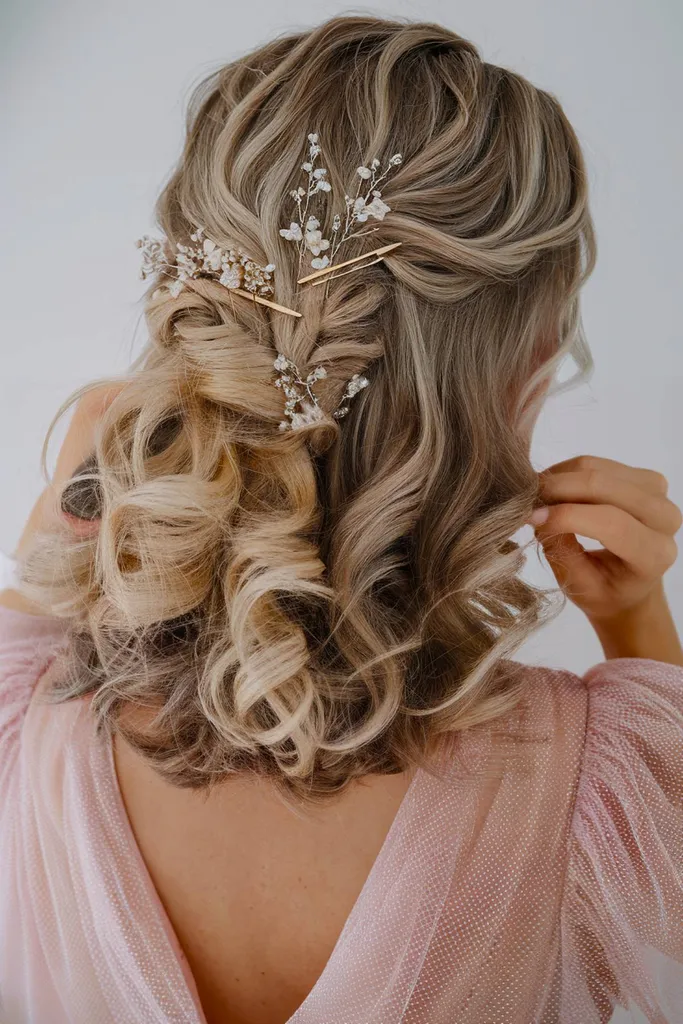 결혼식 중간 자연 컬 신부 들러리를 위한 곱슬 헤어스타일' title=