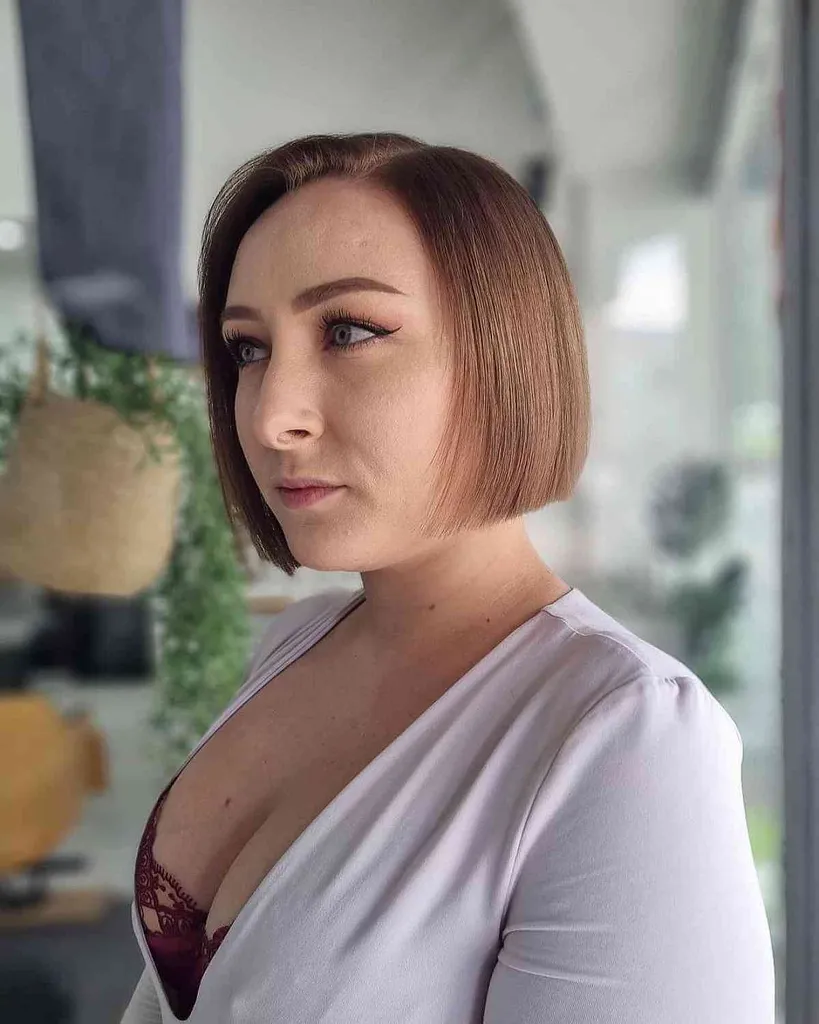 둥근 얼굴을 위한 뭉툭한 턱 길이의 머리카락' title=