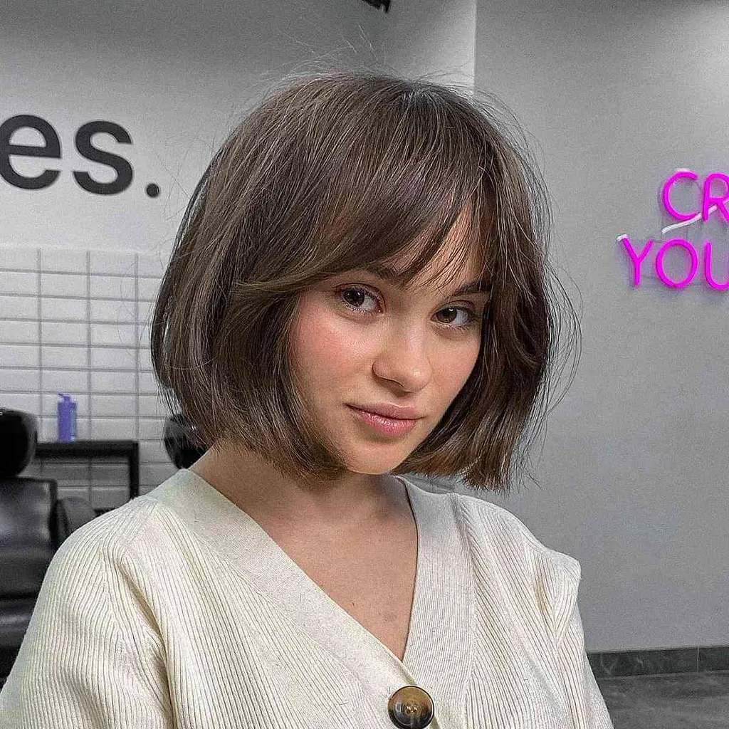 희미한 앞머리가 있는 짧고 부드러운 블런트 밥' title=