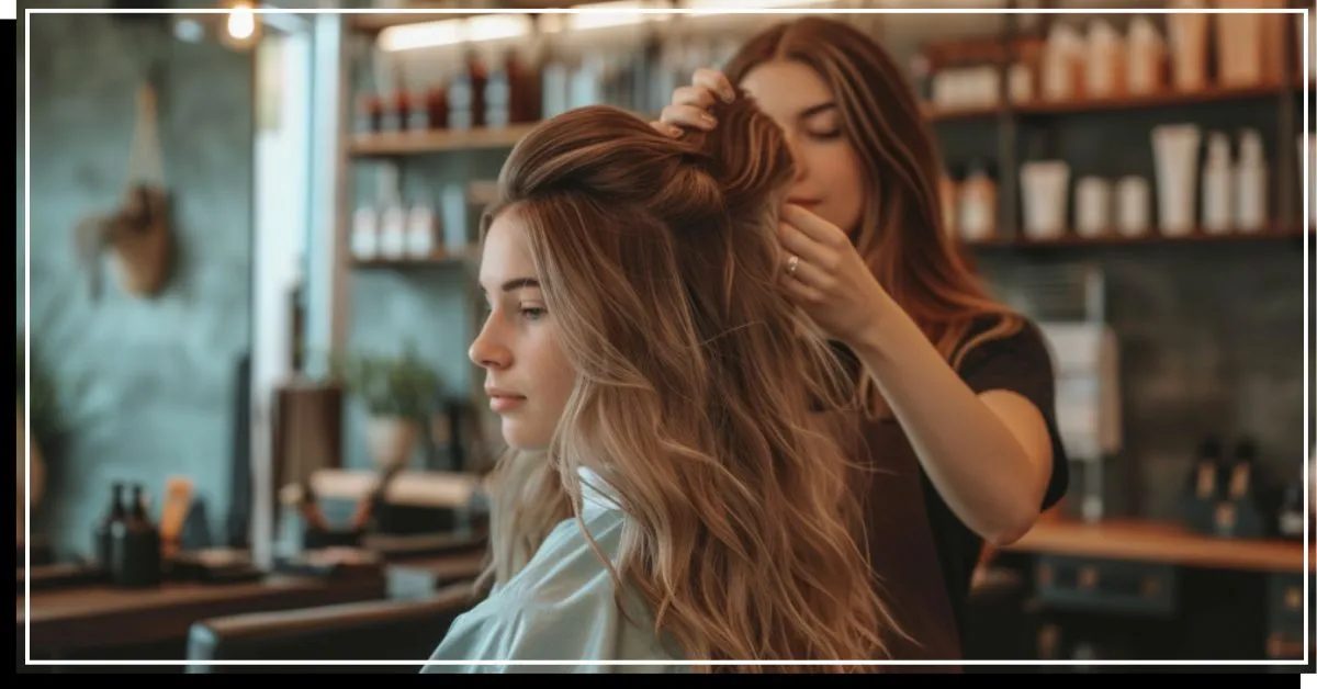 Fryzjer poprawiający włosy klienta' title=