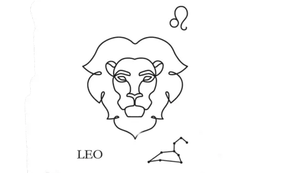 A line drawing of the astrological sign of Leo along with its glyph and its constellation.