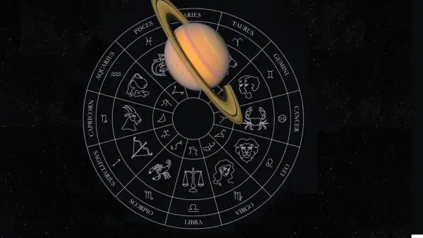 Black and white illustration of the zodiac circle on a black background with the planet Saturn in Aries