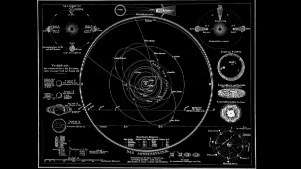 Black and white illustration of the solar system and planetary retrogrades