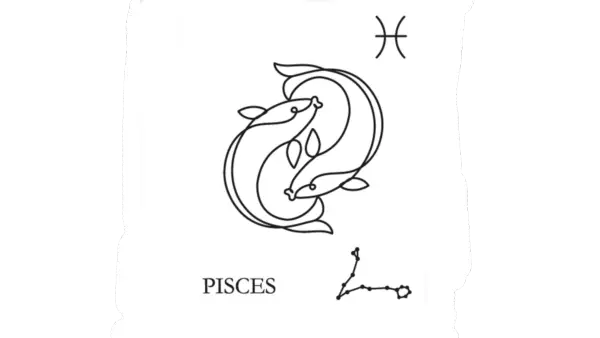 A line drawing of the glyph for Pisces, the water sign and last sign of the zodiac and the astrological year.