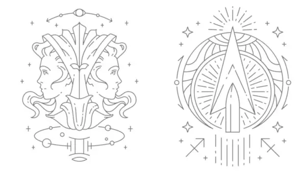 The illustrated signs and symbols of Gemini and Sagittarius, which are opposite signs in astrology