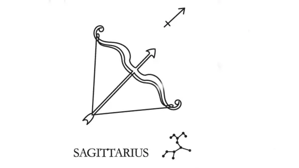 A line drawing of the astrological sign of Sagittarius along with its glyph and its constellation.