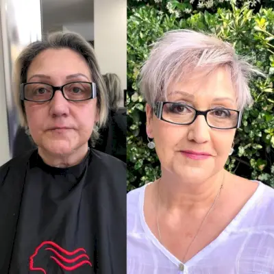 A woman in her 60s with a shaggy pixie makeover