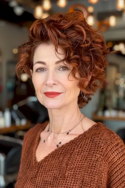 Short asymmetrical Bob for women over 60 with curly hair