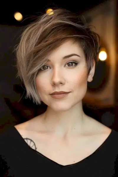 Short asymmetrical cut with long side fringe for straight hair
