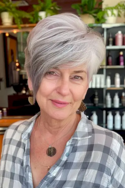Short Asymmetrical Haircut on Older Women with Gray Hair