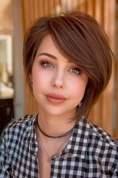 Asymmetrical side swept short hair cut