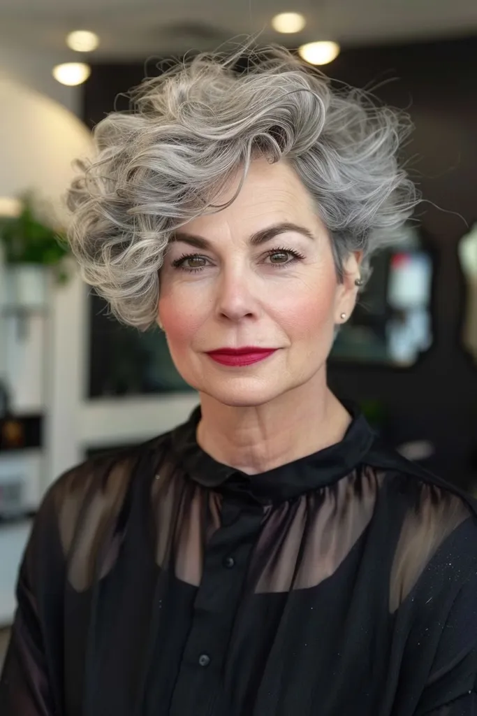 Bob asymétrique bouclé pour une femme de soixante ans aux cheveux courts' title=