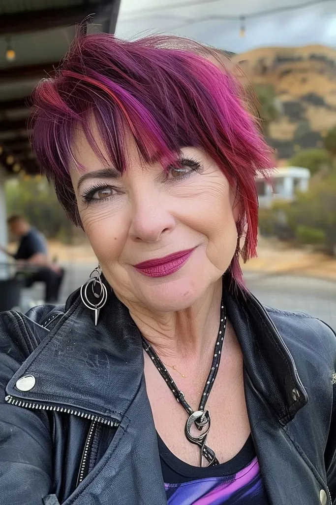 Femme de plus de 60 ans avec une coupe de cheveux et une frange très énervée rose violet et rouge' title=