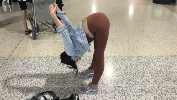Uttanasana (Standing Forward Bend), after flying
