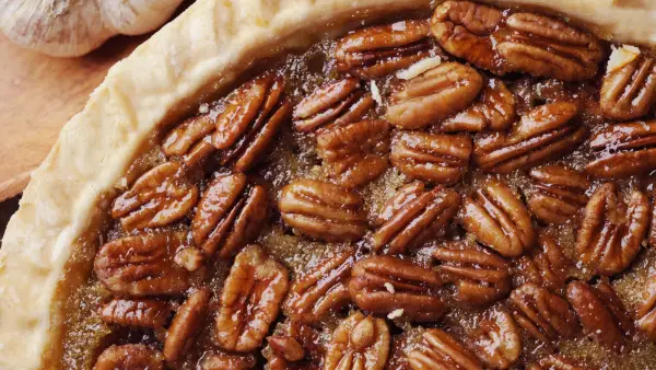 Closeup of maple pecan pie