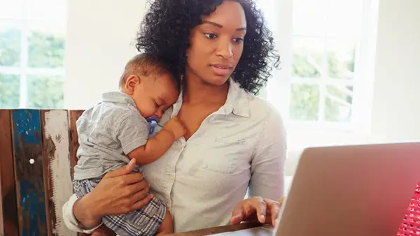 woman working from home, woman with baby, working mom