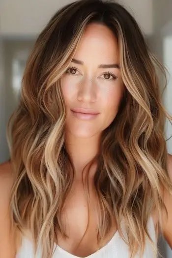 Balayage biondo per incorniciare il viso su idea colore capelli castano scuro.
