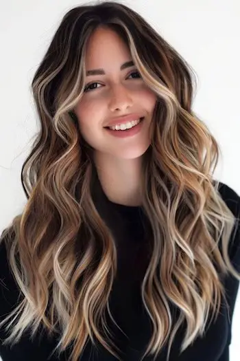 Capelli castano scuro con idea colore capelli biondo chiaro Balayage.