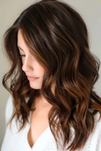 Idea colore capelli castano mogano con miele balayage.