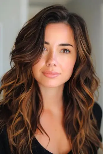 Castano cioccolato con riflessi caramello Balayage Idea colore dei capelli.