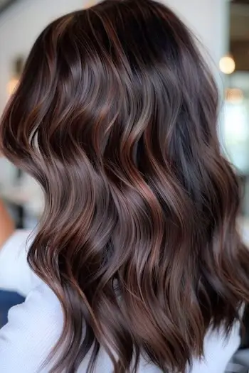 Idea colore per capelli Balayage castano scuro con castano mogano.