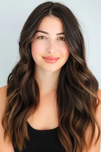 Idea colore per capelli al cioccolato fondente con caramello Balayage.