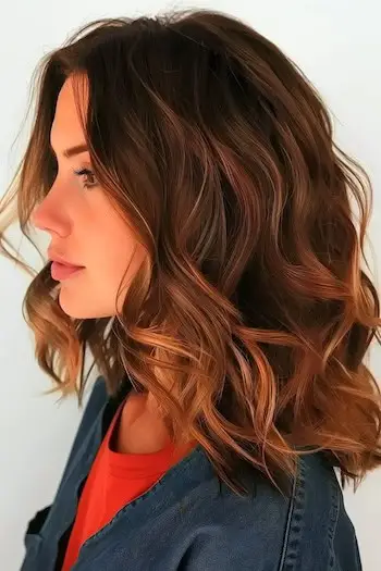 Idea colore per capelli color cioccolato con Balayage ramato.