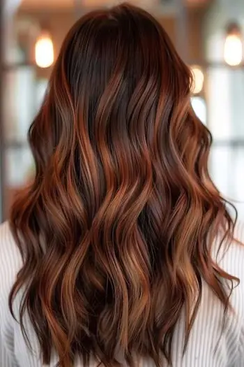 Idea colore per capelli castano cannella con balayage ramato.