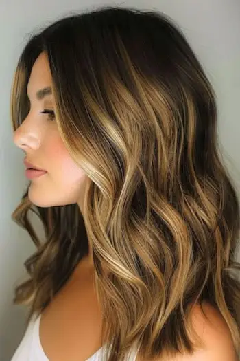 Idea colore per capelli Balayage castano espresso con biondo miele.