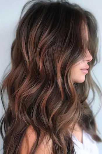 Idea colore per capelli color cioccolato con riflessi bronzo Balayage.