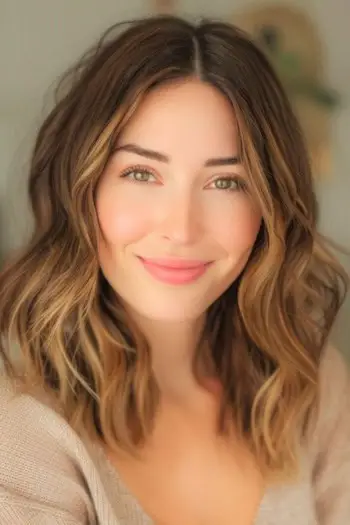 Idea colore per capelli Balayage castano scuro con biondo miele.