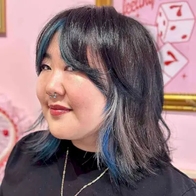 Curtain Fringe with Blue Peekaboo Highlights for Round Faces