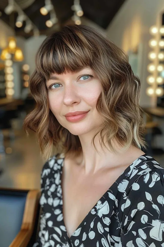 Schouderlang golvend haar met dikke pony bij een vrouw met medium tot dik haar.' title=