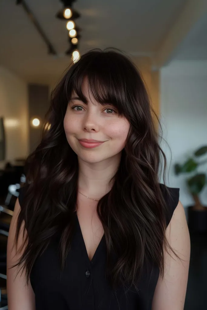 Lange vloeiende lagen met een piekerige pony bij een vrouw met medium tot dik haar.' title=