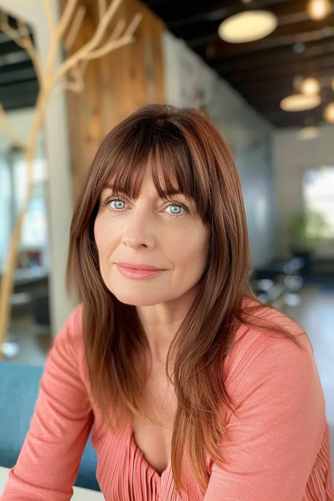 Strak, steil, halflang haar met een zachte, dunne pony voor een vrouw.' title=