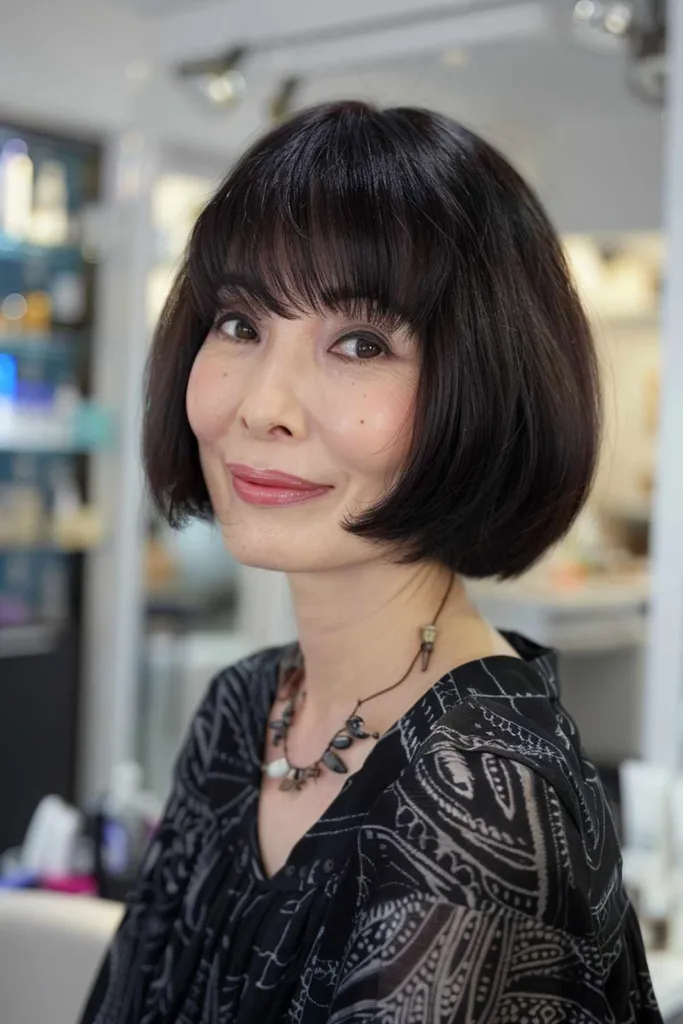 Bob met gevederde pony in Koreaanse stijl bij een vrouw met fijn haar.' title=