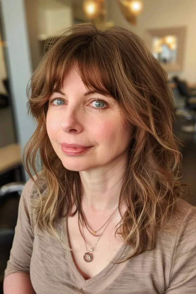 Halflang golvend haar met Bardot-pony voor een vrouw met halflang tot dik haar.' title=