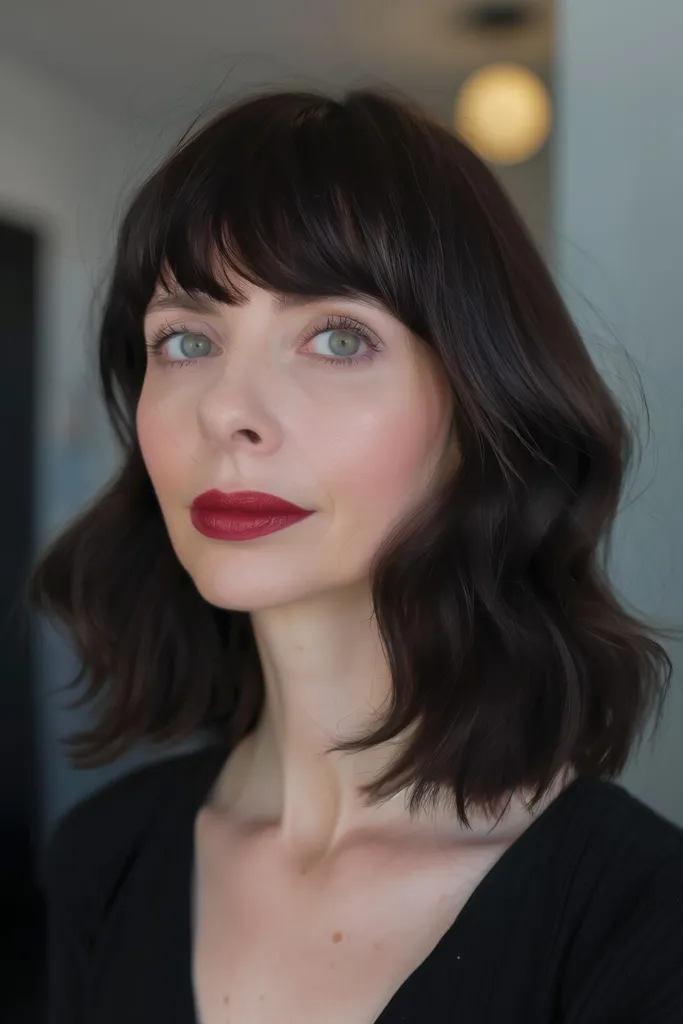 Halflang gelaagd haar met halvemaanvormige pony voor een vrouw met medium tot dik haar.' title=