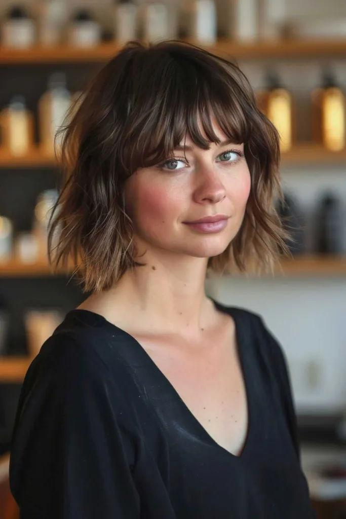 Schouderlang golvend haar met een piekerige pony bij een vrouw met een hartvormig gezicht.' title=