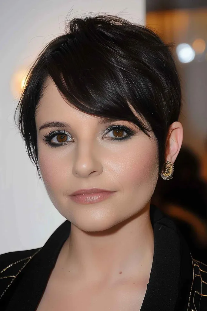 Pixie-snit met asymmetrische pony voor een vrouw met fijn tot halflang haar.' title=