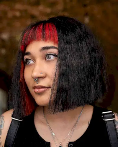 Black Hair with Bright Red Short Bangs