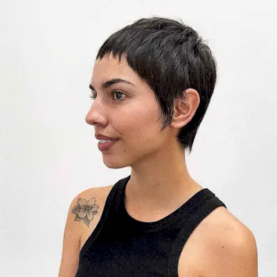 Jet Black Pixie with Very Short Choppy Bangs